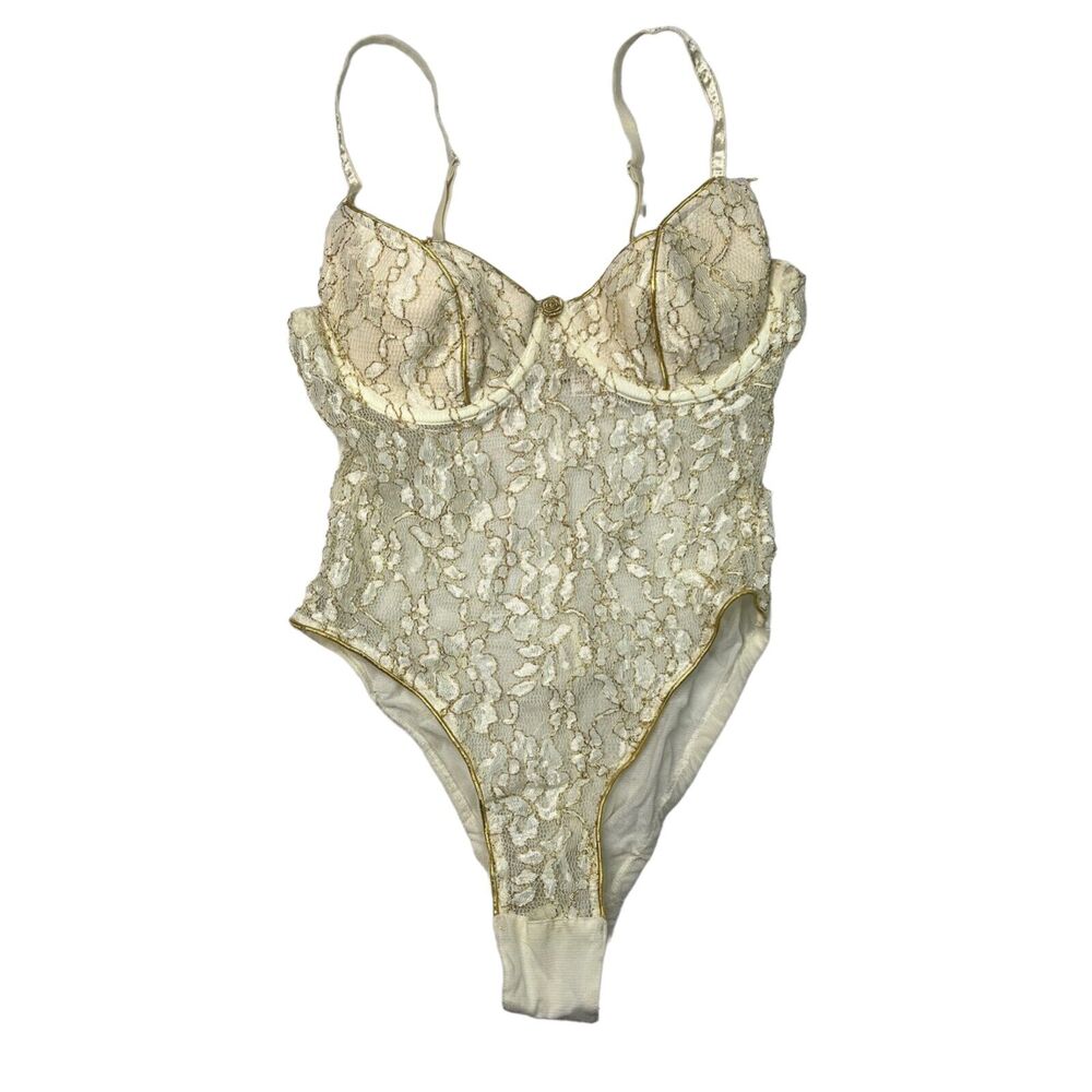 Victorias Secret VTG Bodysuit Teddy Lingerie Sheer Underwire Gold White 36 Small